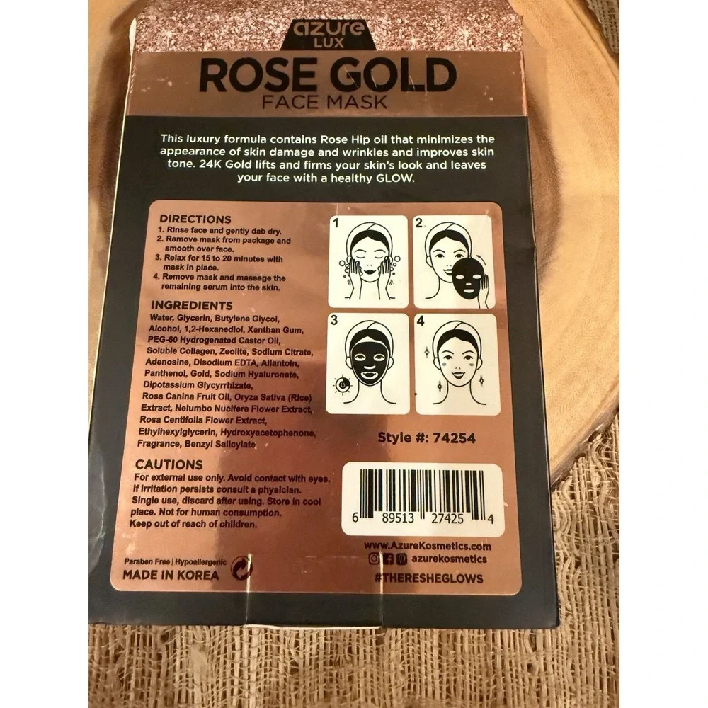 NIB Azure Kosmetics‎ Rose Gold Luxury Hydrating Treatment Face Mask 5 Pack